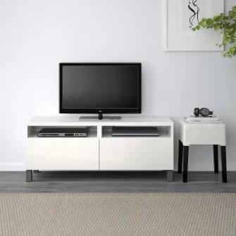 IKEA BESTÅ Comoda TV cu sertare, alb/Selsviken/Stubbarp gri inchis, 120x42x48 cm