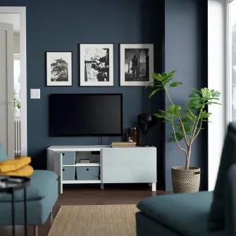 IKEA BESTÅ Comoda TV+usi, alb Selsviken/Stubbarp/gri deschis-bleu, 120x42x48 cm