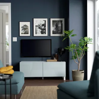 IKEA BESTÅ Comoda TV+usi, alb Selsviken/Stubbarp/gri deschis-bleu, 120x42x48 cm