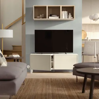 IKEA BESTÅ Comoda TV+usi, alb/Krukmakare bej, 120x42x48 cm
