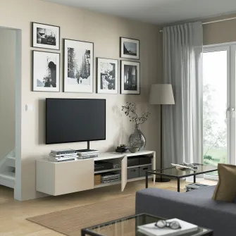 IKEA BESTÅ Comoda TV+usi, alb/Lappviken gri deschis/bej, 180x42x38 cm
