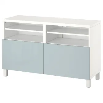 IKEA BESTÅ Comoda TV+usi, alb/Selsviken/Stubbarp gri deschis-bleu, 120x42x74 cm