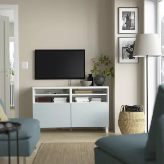 IKEA BESTÅ Comoda TV+usi, alb/Selsviken/Stubbarp gri deschis-bleu, 120x42x74 cm