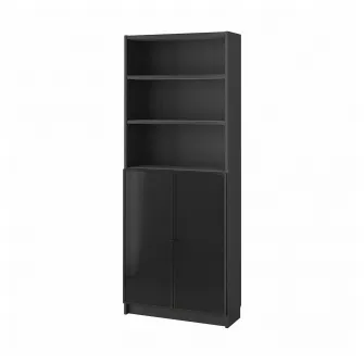 IKEA BILLY / HÖGBO Biblioteca cu usi sticla, negru aspect stejar, 80x30x202 cm