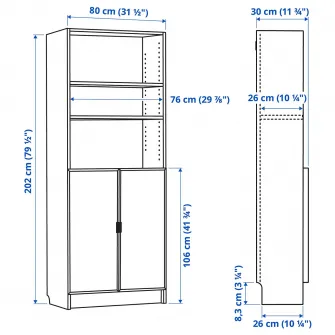 IKEA BILLY / HÖGBO Biblioteca cu usi sticla, negru aspect stejar, 80x30x202 cm