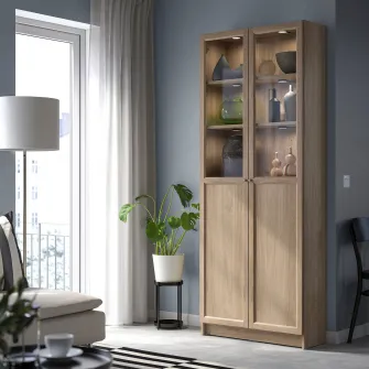 IKEA BILLY / OXBERG Biblioteca+panou/usa sticla, aspect stejar, 80x30x202 cm