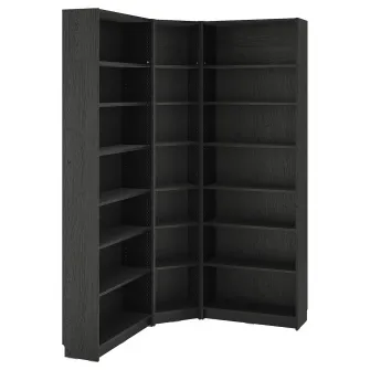 IKEA BILLY Comb biblioteca colt/unitati suplim, negru aspect stejar, 136/136x28x237 cm