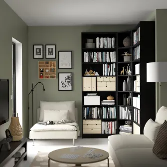 IKEA BILLY Comb biblioteca colt/unitati suplim, negru aspect stejar, 136/136x28x237 cm