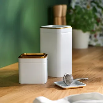 IKEA BLOMNING Cutie metalica cu capac, alb murdar cafea/ceai, 10x10x10 cm