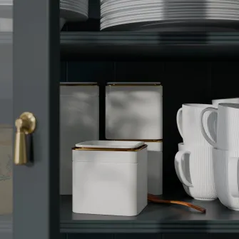 IKEA BLOMNING Cutie metalica cu capac, alb murdar cafea/ceai, 10x10x10 cm