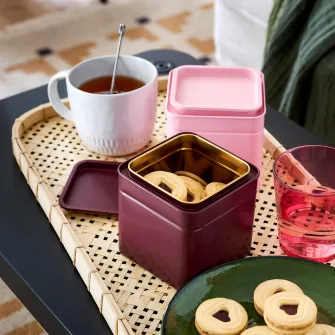 IKEA BLOMNING Cutie metalica cu capac, maro-rosu/roz cafea/ceai, 10x10x10 cm