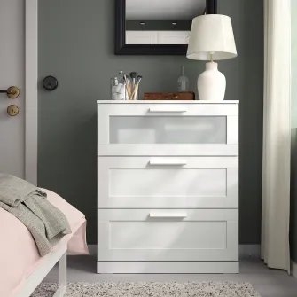IKEA BRIMNES Comoda 3 sertare, alb/sticla mata, 78x95 cm