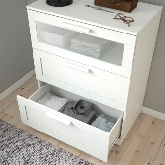 IKEA BRIMNES Comoda 3 sertare, alb/sticla mata, 78x95 cm