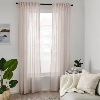 IKEA BYMOTT Draperii, 2buc, alb/bej dungat/rjns, 120x300 cm