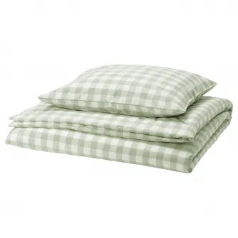 IKEA EKTANDVINGE Husa pilota+fata perna, gri-verde deschis alb/caro, 150x200/50x60 cm