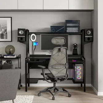 IKEA FREDDE / STYRSPEL Birou+scaun de gaming, negru/gri
