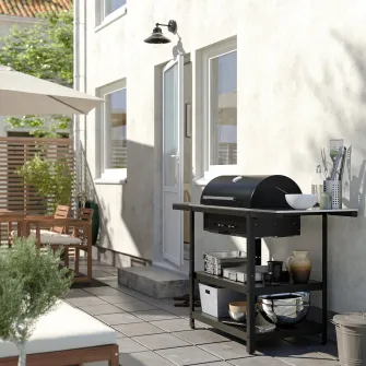 IKEA GRILLSKÄR Gratar pe carbuni+2 masute, inox/exterior, 99/123/147x61 cm