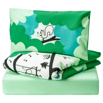 IKEA GRÖNFINK Lenjerie patut, set 3 piese, verde/turcoaz, 60x120 cm