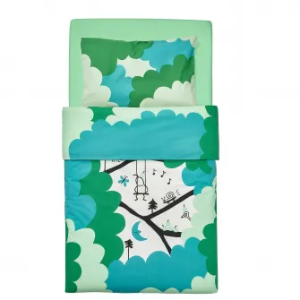 IKEA GRÖNFINK Lenjerie patut, set 3 piese, verde/turcoaz, 60x120 cm