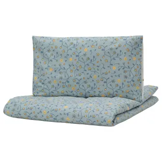 IKEA GULDVÄVARE Husa pilota+1 fata perna patut, albastru/alb model floral, 110x125/35x55 cm
