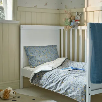 IKEA GULDVÄVARE Husa pilota+1 fata perna patut, albastru/alb model floral, 110x125/35x55 cm
