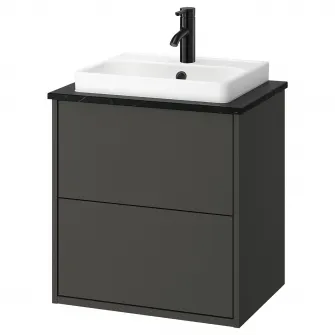 IKEA HAVBÄCK / ORRSJÖN Masca lavoar+sertare/lavoar/baterie, gri inchis/negru aspect marmura, 62x49x71 cm