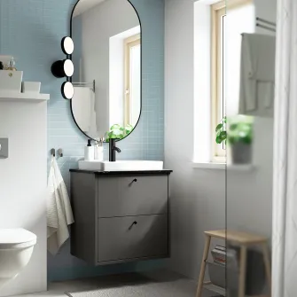 IKEA HAVBÄCK / ORRSJÖN Masca lavoar+sertare/lavoar/baterie, gri inchis/negru aspect marmura, 62x49x71 cm