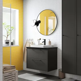 IKEA HAVBÄCK / ORRSJÖN Masca lavoar+sertare/lavoar/baterie, gri inchis/negru aspect marmura, 82x49x71 cm