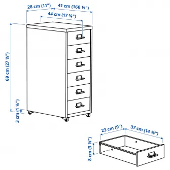 IKEA HELMER Comoda cu rotile, alb, 28x69 cm