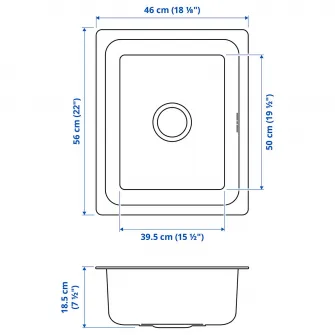 IKEA HILLESJÖN Chiuveta incorporata, 1 cuva, inox, 56x46 cm