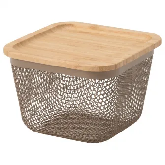 IKEA IKEA 365+ Cos depozitare alimente cu capac, patrat metal/gri-maro deschis bambus, 15x15x11 cm