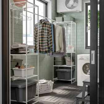 IKEA JOSTEIN Etajera cu bara umerase, interior/exterior/sarma alb, 61x166/270x180 cm