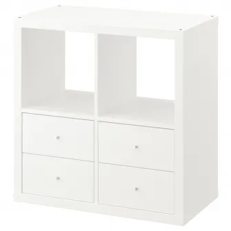 IKEA KALLAX Etajera, + 4 sertare/alb, 77x77 cm