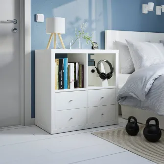 IKEA KALLAX Etajera, + 4 sertare/alb, 77x77 cm