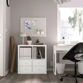 IKEA KALLAX Etajera, + 4 sertare/alb, 77x77 cm