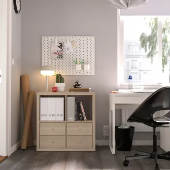 IKEA KALLAX Etajera, + 4 sertare/aspect stejar antichizat, 77x77 cm