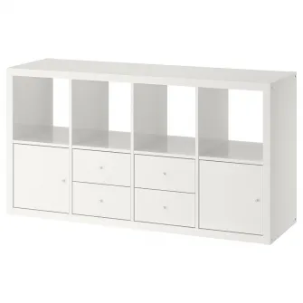 IKEA KALLAX Etajera cu 4 organizatoare, lucios/alb, 147x77 cm