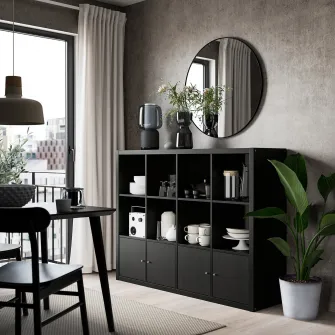 IKEA KALLAX Etajera cu 4 organizatoare, negru-maro, 147x112 cm