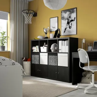 IKEA KALLAX Etajera cu 4 organizatoare, negru-maro, 147x112 cm