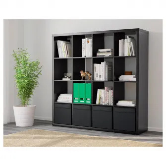 IKEA KALLAX Etajera cu 4 organizatoare, negru-maro, 147x147 cm