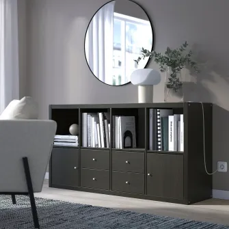IKEA KALLAX Etajera cu 4 organizatoare, negru-maro, 147x77 cm