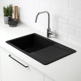 IKEA KILSVIKEN Chiuveta incorporata, 1cuva+uscator, negru/compozit cuart, 72x46 cm