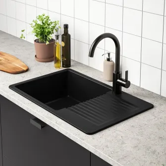 IKEA KILSVIKEN Chiuveta incorporata, 1cuva+uscator, negru/compozit cuart, 72x46 cm