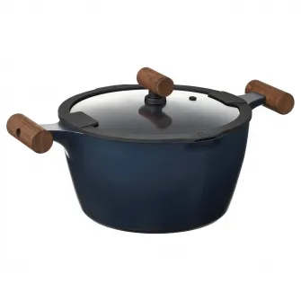 IKEA KLIPPFISK Oala cu capac, strat antiaderent sticla/lemn negru-albastru, 5 l