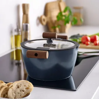 IKEA KLIPPFISK Oala cu capac, strat antiaderent sticla/lemn negru-albastru, 5 l