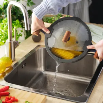 IKEA KLIPPFISK Oala cu capac, strat antiaderent sticla/lemn negru-albastru, 5 l