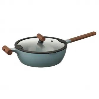 IKEA KLIPPFISK Tigaie cu capac, strat antiaderent sticla/lemn gri-turcoaz, 28 cm