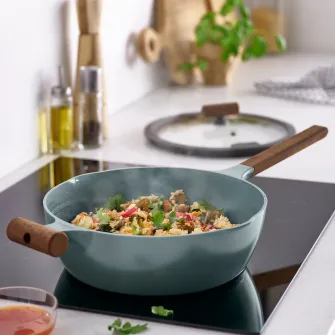 IKEA KLIPPFISK Tigaie cu capac, strat antiaderent sticla/lemn gri-turcoaz, 28 cm