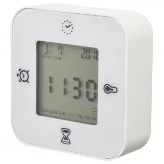 IKEA KLOCKIS Ceas/termometru/alarma/temporizator, alb, 7x7 cm