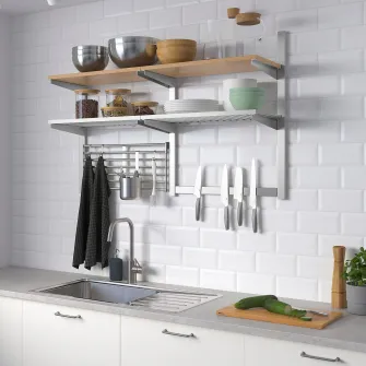 IKEA KUNGSFORS Sina/polita/suport cutite/gratar, inox/furnir frasin